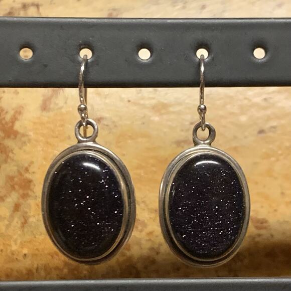 Sterling Silver and Blue Goldstone Earrings Vintage - Picture 3 of 7